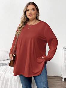 SHEIN CURVE+ 大码纯色长袖T恤，休闲百搭，秋季款 - 紅木色 - 查看 4