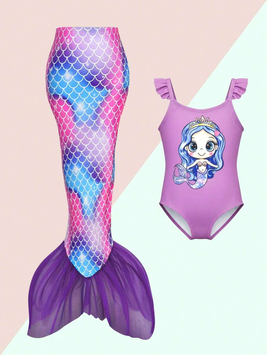 Young Girls1piece,Mermaid Princess Printed,One-Pieces Beachwear,Travel,Relax,Sunbathing,Water-Resistant,Sun,Summer,Anti-Uv,Sun Protection,Swim,Beach,Sea,Holiday,Vacationsummer One Piece Swimsuit Girls Mermaid Swimsuit Girls Mermaid Tail Swimsuit Kids Girls Swimming Costume Mermaid Pajamas - Multicolor - View 1