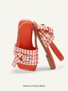 Cozy Pixies A Pair Of Girls' Orange And White Plaid Pearl Bow Summer Elastic Open-Toed Sandals, Suitable For Daily Wear, With Skirts, Summer Beach Leisure Play, Weekend Outing Party Princess Style Vacation - Orange - View 1