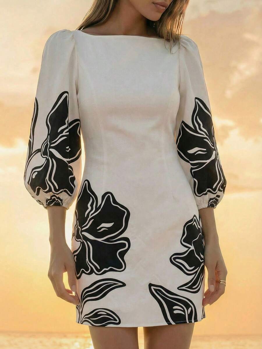 CAJUNI 女士印花船领灯笼袖度假连衣裙 - 米色 - 查看 1