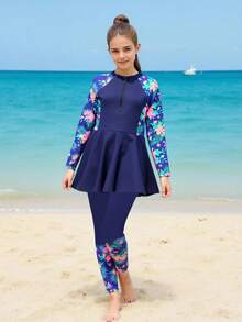 SHEIN Tween Girls Tankini 2-Piece Swimwear Set, Floral Print Sleeveless Crop Top With Black Skirt Bottom And Printed Leggings - Navy Blue - View 6