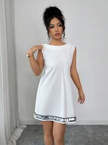 SHEIN Raffinéa Women's Sleeveless V-Neck Sequin Embellished Elegant Minimalist Short Dress White Mini Dress White Sequin Dress Sleeveless White Dress Women Mini Dresses White Club Dress - White - View 6