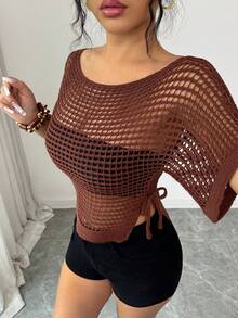 Rafferiza 女士性感镂空针织无袖毛衣背心，适合夏季度假 - 棕色 - 查看 3