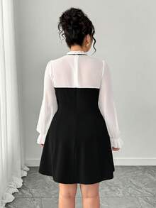 SHEIN PETITE CURVE 女士甜美优雅荷叶边领长袖连衣裙 - 黑色 - 查看 2