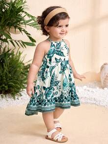 SHEIN Vestido sin espalda con estampado floral para niña, ideal para vacaciones de verano - Multicolor - Ver 4