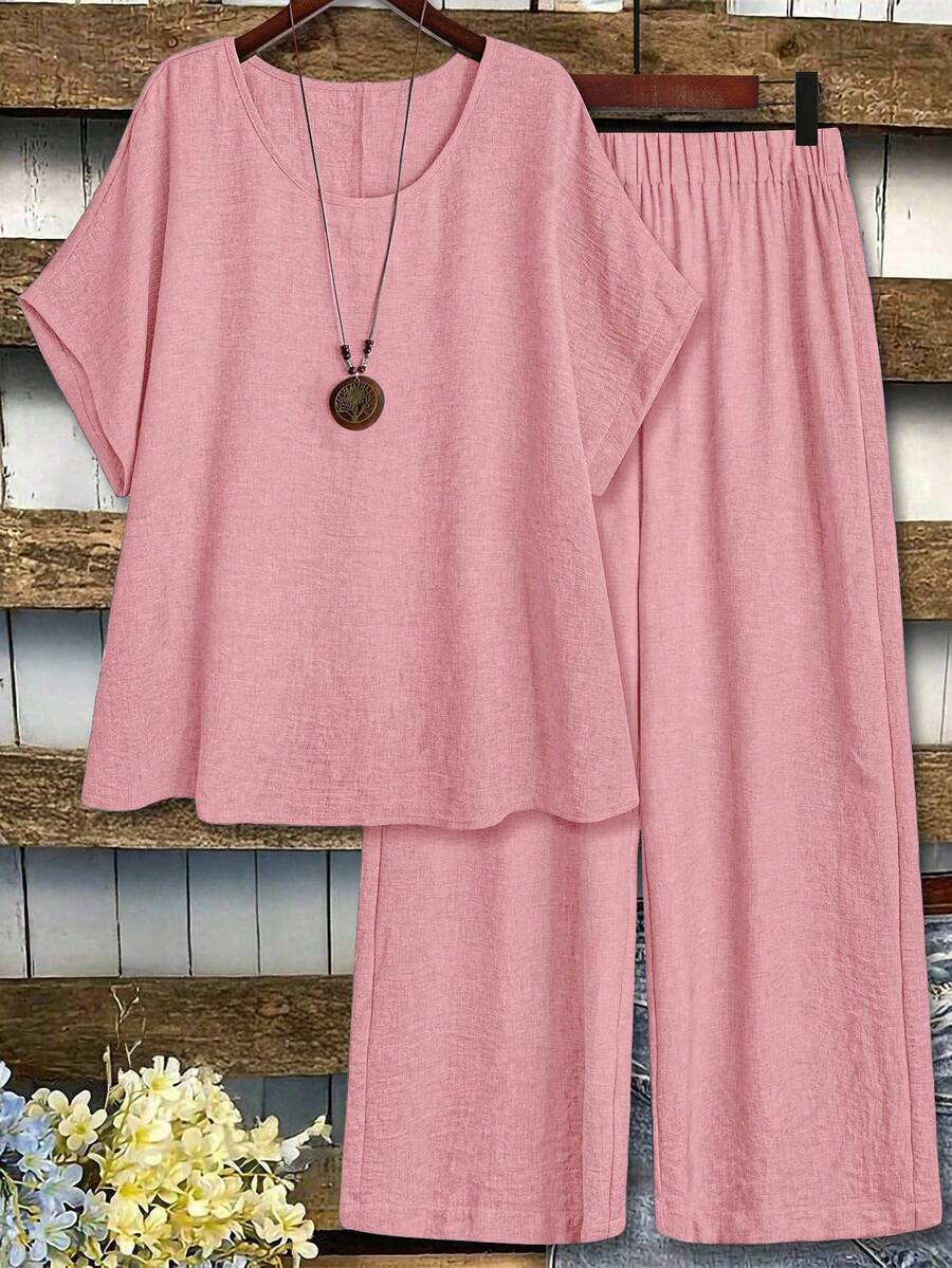 EMERY ROSE 大码夏季休闲纯色圆领T恤和裤子两件套 - 粉色 - 查看 1