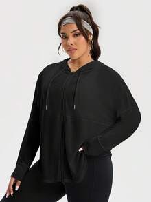 Rhythm Era Plus Size Women's Solid Color Drop Shoulder Long Sleeve Zipper Front Drawstring Hooded Sports Jacket - Black - View 4