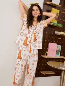 Chillnights 女士休闲撞色豹纹、星星、月亮、天秤座印花舒适宽松翻领纽扣前开襟梭织睡衣套装 - 彩色 - 查看 5