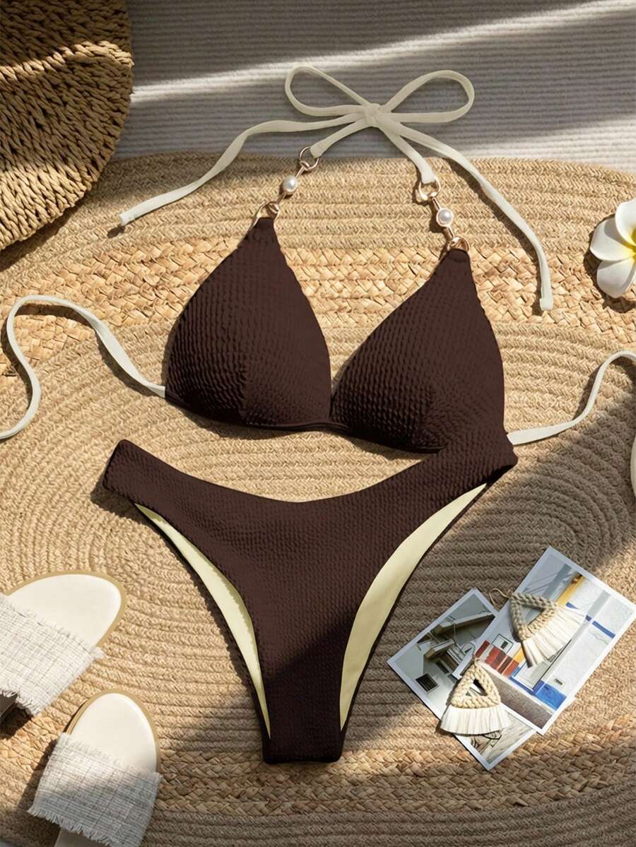 SHEIN Swim Solid Color Halter Tie Front Bikini Swimwear, Suitable For Summer Solid Color Bikini Set Vacation Bikini Set High Cut Bikini Set Ribbed Bikini Modest Bikini Set Brown Bikini Set Brown Bathing Suit Women Beach Bikini Set - Brown - View 1