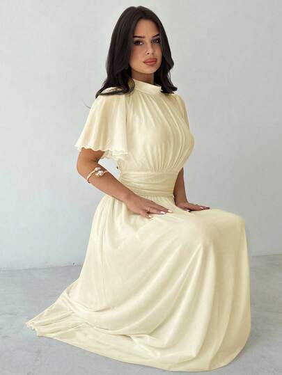 Firerie Women's Elegant Romantic Elegant Daily Commute Beach Vacation Stand Collar Pleated High Waist A-Line Flare Sleeve White Dress