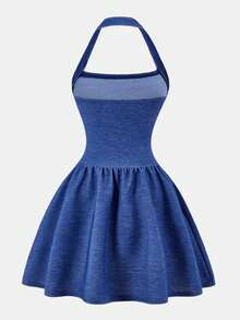 少女时尚休闲牛仔效果优雅吊带修身A字迷你连衣裙，适合派对、外出、返校等场合穿着 - 藍色 - 查看 2