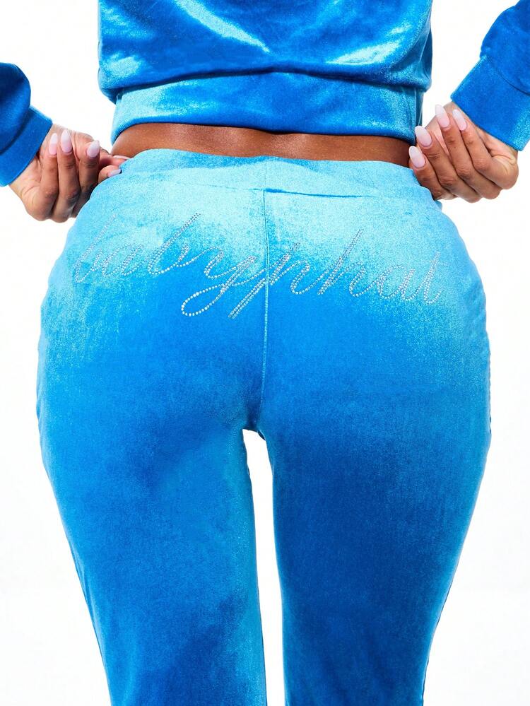 BABYPHAT Women's Slim Fit Velour Sweatpants With Rhinestone Script Detailing Drawstring Waist Casual Lounge Pants Fall Winter Comfort Wear