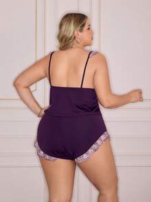 Slumberry CURVE Mature Vintage Embroidered Lace Contrast Trim Camisole And Shorts 2 Pieces Sleepwear Set, Comfortable Soft Plus Size - Red Violet - View 2