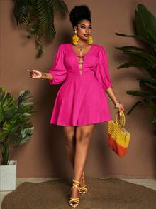 Maweii Plus Size Solid Color Deep V-Neck Sexy Fashionable Romper - Hot Pink - View 3