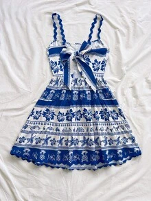 Soleia Tropical Shell Print White Blue,Summer,Casual,Tropical,Vacation,Holiday New Wave Strap Mini Dress,Boho Floral Spring Outfit Women,Weddings - Multicolor - View 2