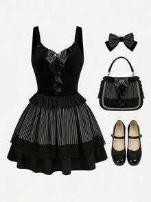 ROMWE Goth Spring/Summer Plus Size Black Sleeveless Patchwork Dress - Multicolor - View 5