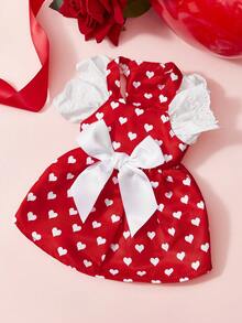 PETSIN 红色爱心印花宠物连衣裙，配白色蝴蝶结和翅膀褶边——可爱的情人节狗狗服装，适合小型犬和猫咪的夏季公主裙 - 紅色 - 查看 2