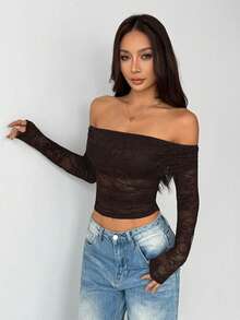 SHEIN PETITE Sexy See-Through Lace Splicing Off Shoulder Long Sleeve T-Shirt For Romantic Valentine's Day Date,Ladies Sexy Ruched,Sheer Regular Sleeve Off The Shoulder Slim Fit Coffee Brown Plain Women Tops,Spring/Fall,Casual Daily Wear - Brown - View 7