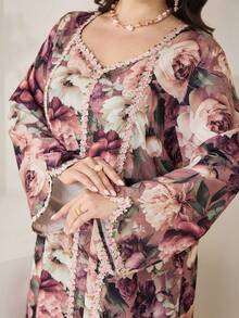 Al Najma Vestido longo árabe tradicional folgado com estampa floral para mulheres plus size - Multicolorido - Ver 7