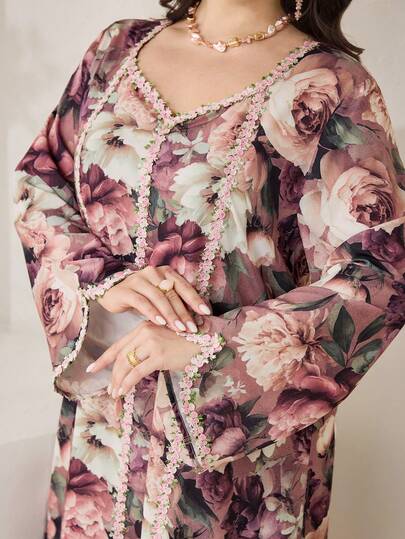 Al Najma Đầm maxi dài tay dáng rộng in hoa truyền thống Ả Rập dành cho nữ cỡ lớn