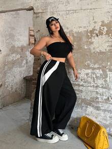 Sunspun Quần dài kẻ sọc phối màu cỡ lớn, thích hợp cho mùa xuân/hè. - Đen và trắng - Xem 5