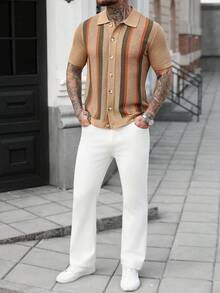 Manfinity Homme Men's Striped Short Sleeve Single-Breasted Casual Lightweight Cardigan Mens Stripe Shirt Men Knitted Button Up Crochet Men Shirt Apricot Shirt For Men Men Retro Shirt - Multicolor - View 3