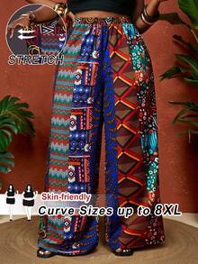 SHEIN CURVE+ Curve 尺码 US22 音乐节、海滨度假、波西米亚风 2026 春夏新款度假风多色图案元素印花宽松加长女裤 - 彩色 - 查看 2