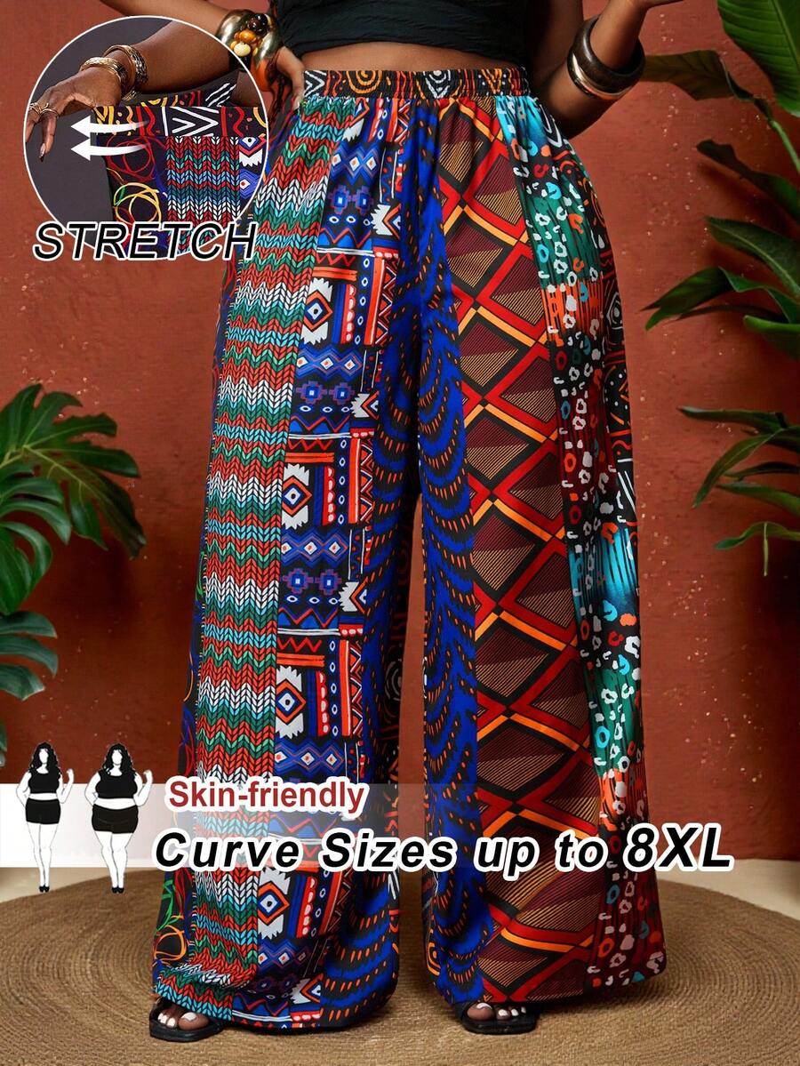 SHEIN CURVE+ Curve 尺码 US22 音乐节、海滨度假、波西米亚风 2026 春夏新款度假风多色图案元素印花宽松加长女裤