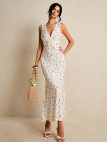 Poéselle 女士碎花撞色蕾丝V领无袖修身鱼尾优雅连衣裙 - 彩色 - 查看 7