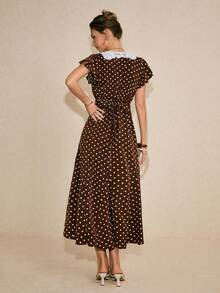 Poéselle 女士休闲波点撞色蕾丝夏季连衣裙 - 棕色 - 查看 3