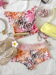 Soleia 两件套女士斜肩修身上衣搭配低腰亮片撞色超短裤，适合派对、夜店、波西米亚风、度假、秋季、复古、假日等场合。 - 彩色 - 查看 1