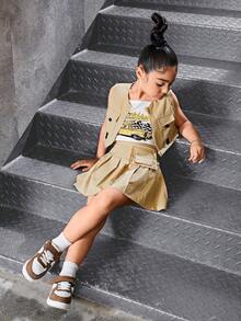 SHEIN Explorewe 年輕女孩3件套裝(小車與字母圖案的背心、襯衫+塗層細節百褶裙+拉鍊背心外套) - 彩色 - 查看 7