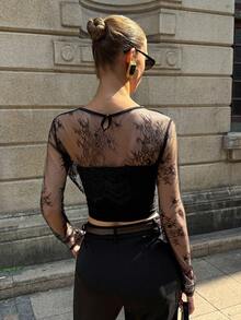 Siren Gaze Summer Black Lace Sheer Cover-Up For Women, "Sexy Mesh And Lace Fitted Long-Sleeved Top - Elegant Hollow-Out Design, French Retro Street Fashion Women's Wear" - A Stylish And Versatile Top - Black - View 2