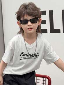 DAZY Young Boy V-Neck Letter Print Casual Short Sleeve T-Shirt - White - View 6