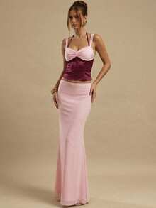 SHEIN BAE 2pcs/Set Women Solid Color Patchwork Top And Solid Color Skirt - Pink - View 4