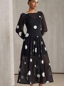 Aveloria Modichic 优雅雪纺波点复古轻盈长袖连衣裙 - 黑色 - 查看 4