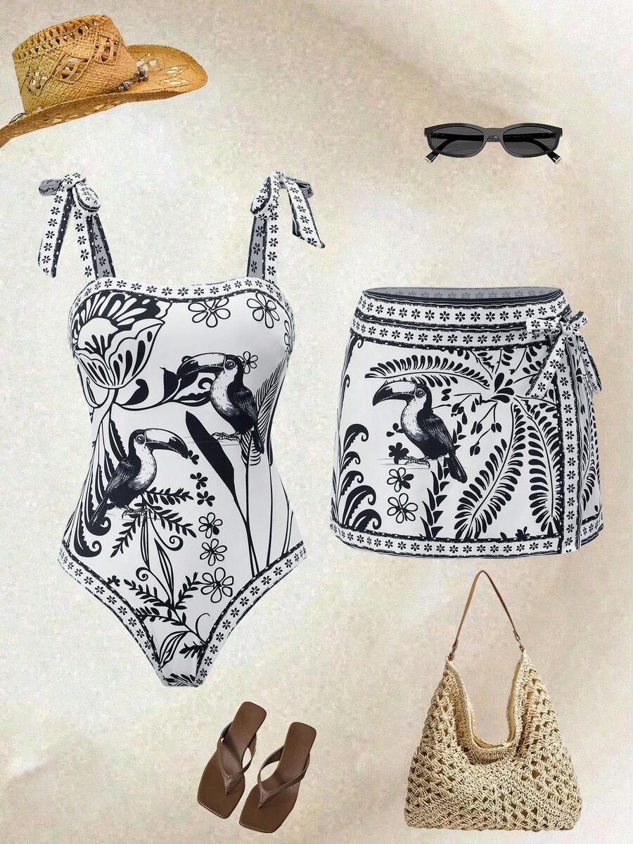 Swim Oasis 女士高端度假鹦鹉印花裹身连衣裙带裙 - 黑與白 - 查看 1