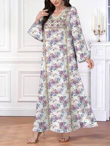 SHEIN Najma Floral & Print V-Neck Long Sleeve Maxi Dress, Elegant Arabic Style Women Dress, Spring/Summer - Multicolor - View 3