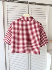SHEIN 少女格子短款宽松休闲衬衫 - 紅色 - 查看 2