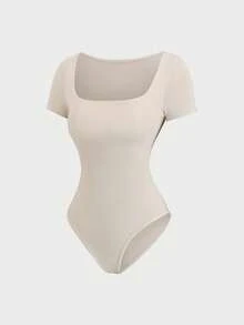 Sweetra 3pcs/Set Bodysuit Wanita Musim Panas Basic Sehari-hari Slim Fit Leher Persegi Lengan Pendek, Aprikot, Cokelat Kopi dan Hitam, Minimalis Serbaguna untuk Perjalanan Sehari-hari - MultiWarna - View 7