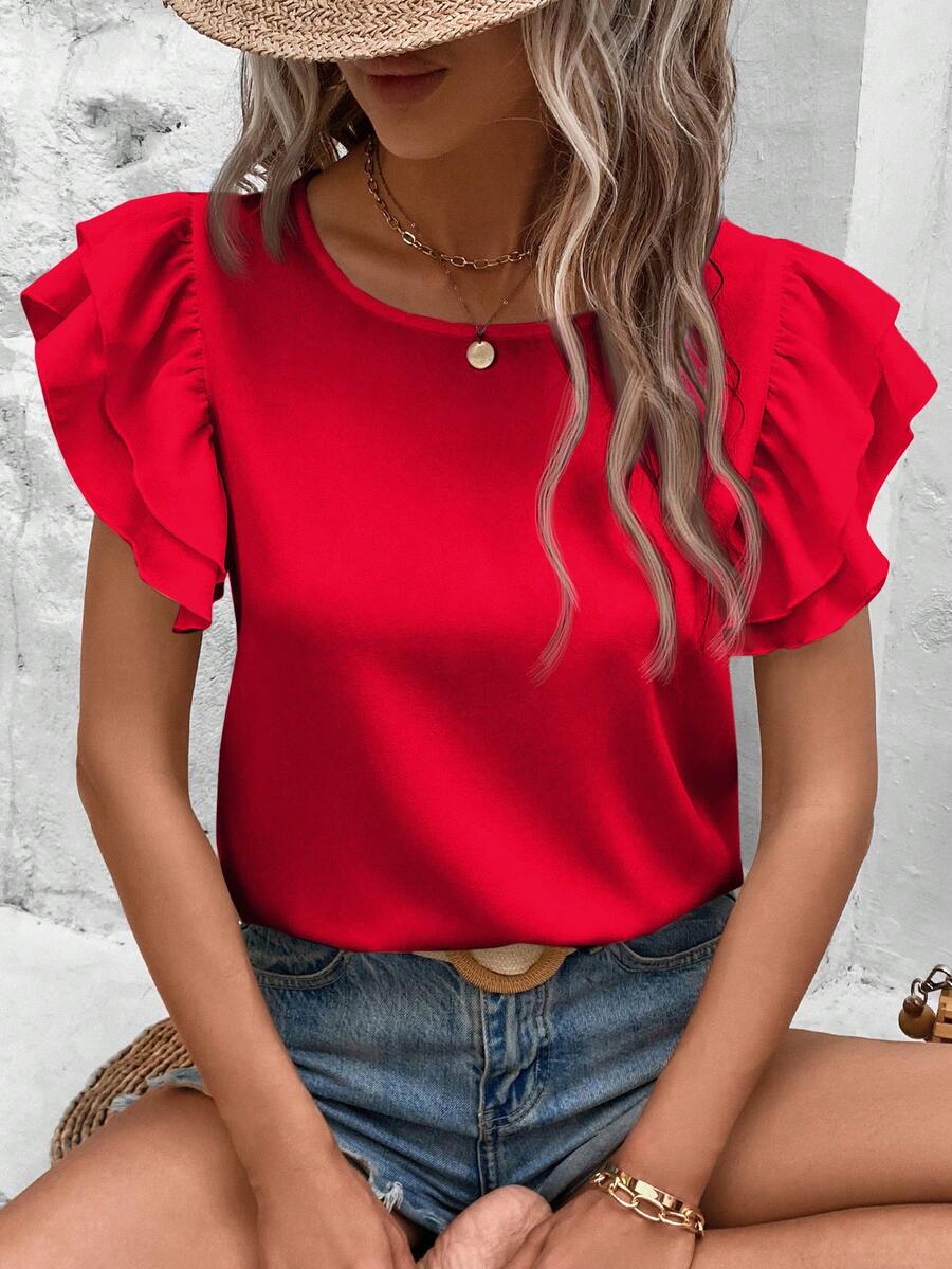SHEIN Clasi 大码女式夏季简约纯色圆领荷叶边下摆上衣 - 紅色 - 查看 1