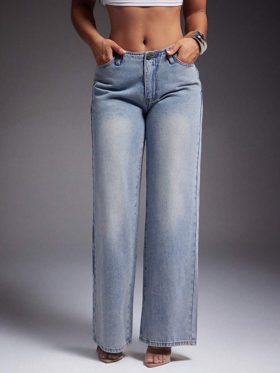 Denimoi 低腰直筒牛仔裤 时尚街头风性感牛仔裤 低腰牛仔裤 Y2K风格 - 淺色水洗藍 - 查看 1