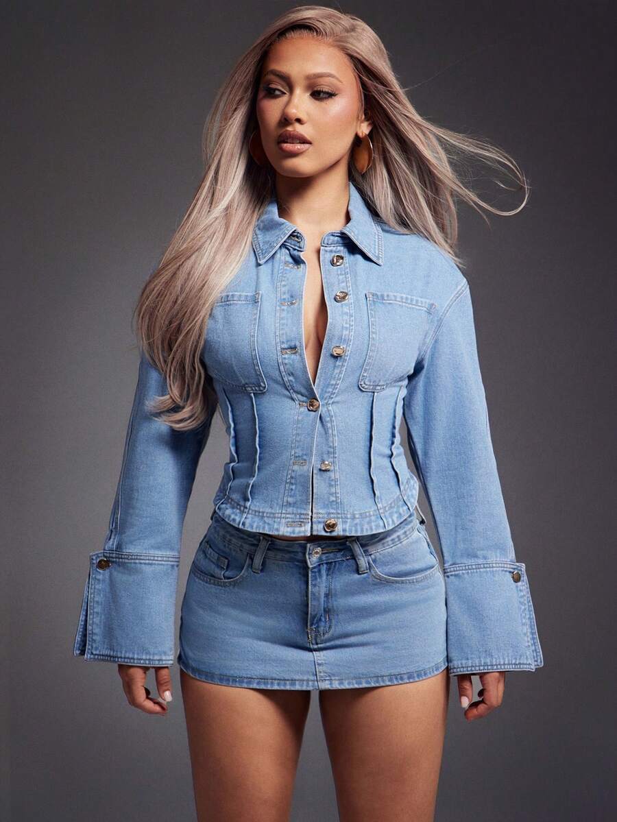 Denimoi Cinched Waist Exaggerated Cuffs Collared Denim Shirt - Light Wash - View 1