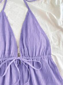 SHEIN PETITE CURVE 休闲V领系带露背纹理面料红色背心 - 紫色 - 查看 5
