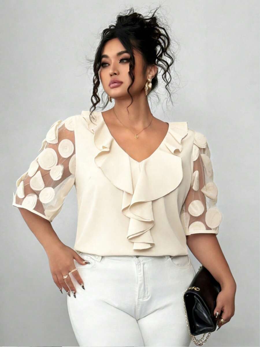 SHEIN Elenzya 大码女式薄纱泡泡袖纯色V领荷叶边下摆上衣，夏季 - 杏色 - 查看 1