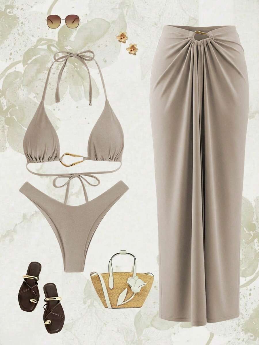 GlowEve Halter Tie Ruched Metal Buckle Bikini Top + Bodycon Skirt Sexy Women 2-Piece Set - Khaki - View 1