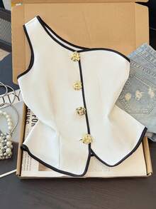 GlowEve 复古撞色开襟马甲，配金属纽扣，优雅时尚女式上衣 - 彩色 - 查看 4