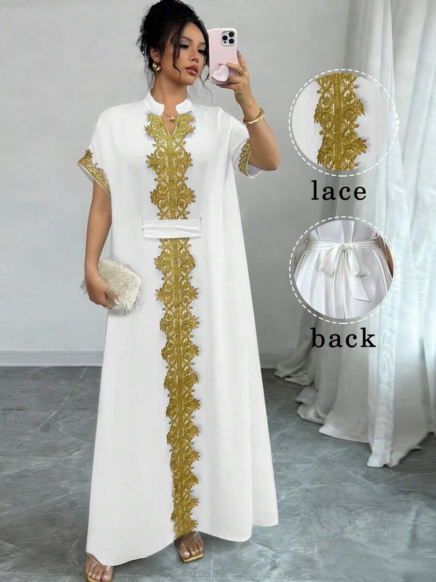 SHEIN Clasi Women's V-Neck Lace Patchwork Casual Loose Party & Outing Dress - White - View 1