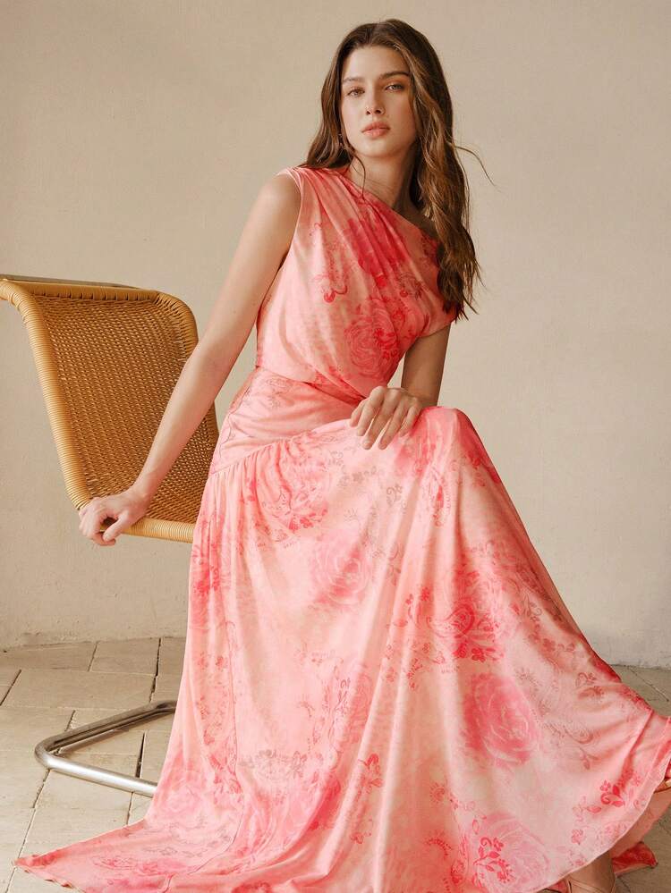 WOMEN'S FLORAL PRINT MESH ASYMMETRIC WAIST DRESS