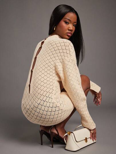 NYA SZN Jumpsuit Short Turtle Neck Bishop Long Sleeve Fitted Cut Out Buttons Warm Weather St. Patrick's Day Easter Cold Weather Spring Summer Knitwear Knit Cut Out Buttons Outfits For Women